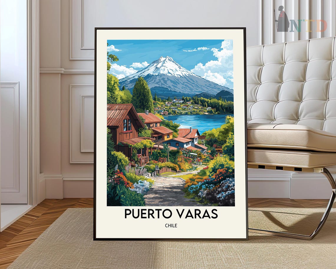 Puerto Varas Chile Snowcapped Volcano Lake Town Travel Poster