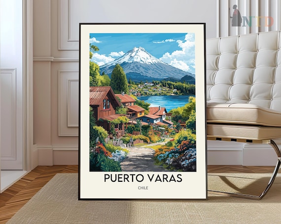 Puerto Varas Chile Snowcapped Volcano Lake Town Travel Poster