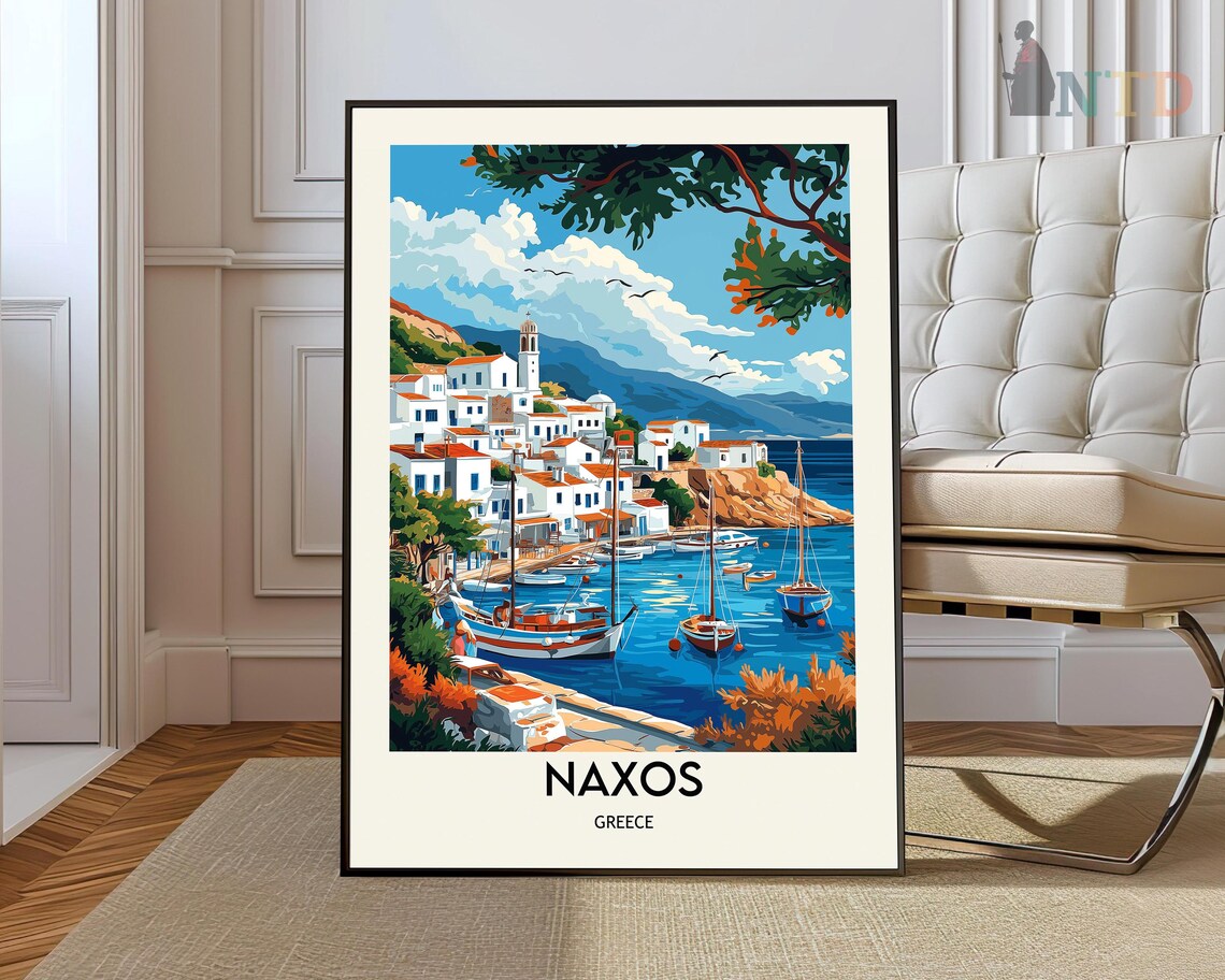 Naxos Greece Hillside Village Harbor Boats Vintage Travel Poster