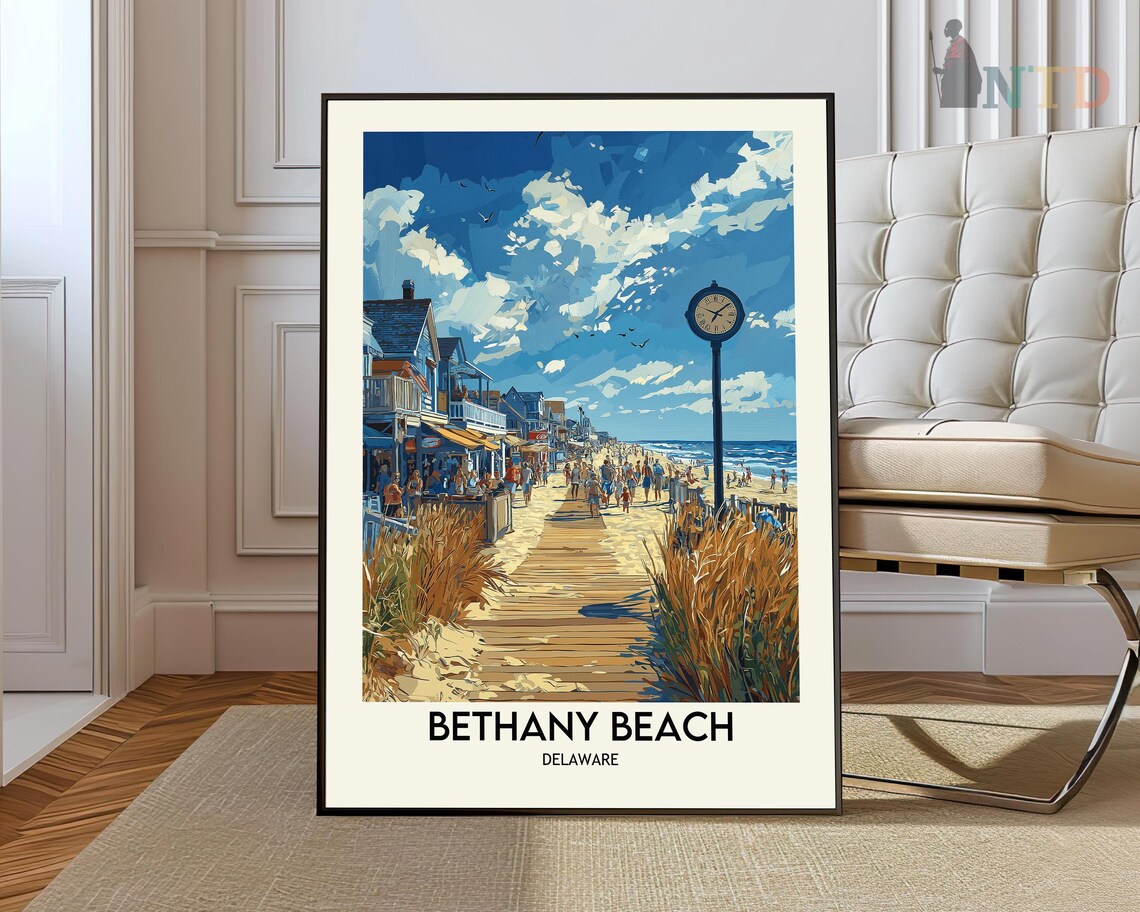 Bethany Beach Delaware Boardwalk Clock Beach Vintage Travel Poster