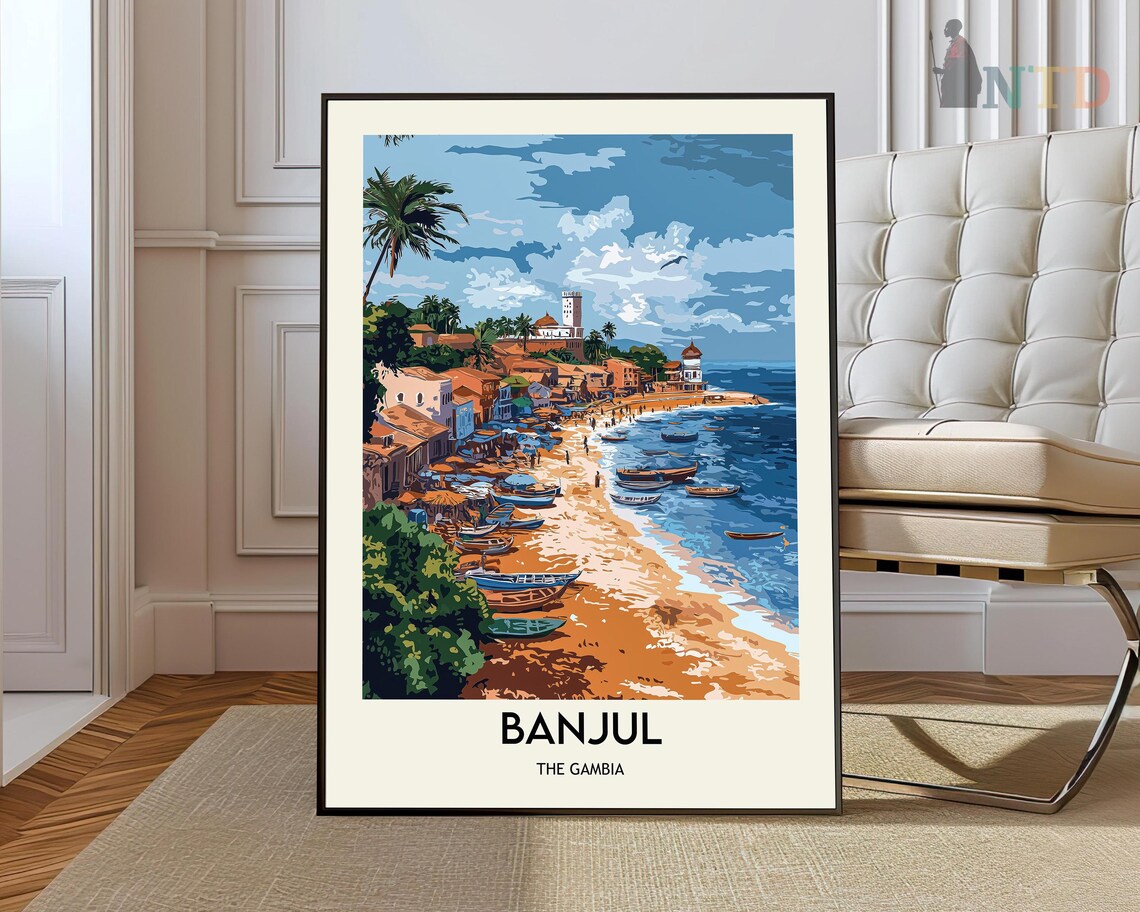 Banjul The Gambia Beach Fishing Boats Harbor Vintage Travel Poster