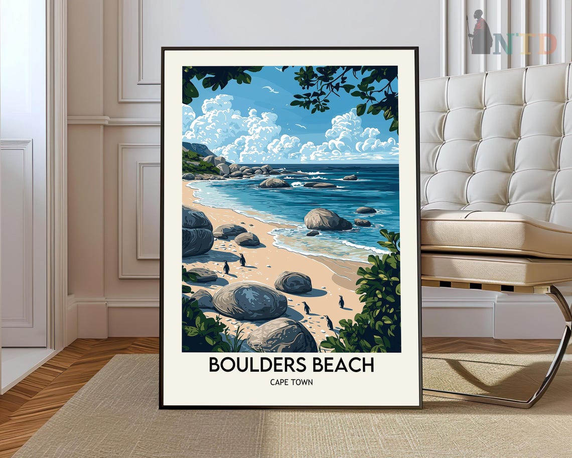 Boulders Beach Penguins on Sandy Shore Vintage Travel Poster