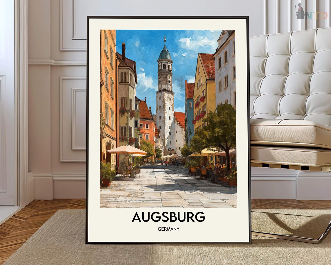 Augsburg Historic Old Town Clock Tower Street Germany Travel Poster
