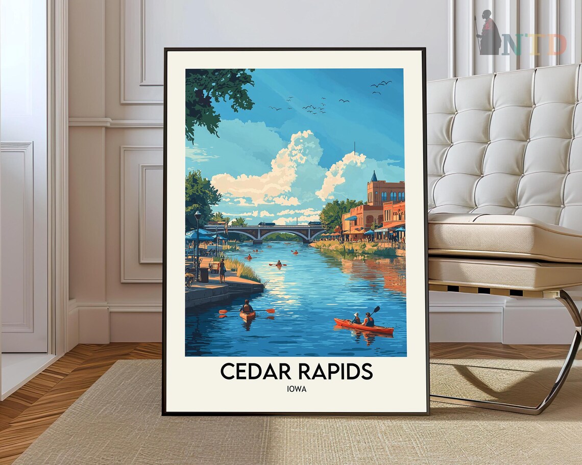 Cedar Rapids Iowa River Kayakers City Bridge Summer Travel Poster