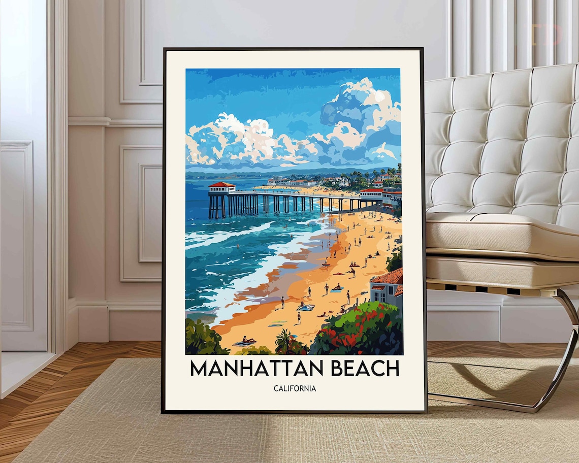Manhattan Beach California Pier Surfers Retro Beach Travel Poster