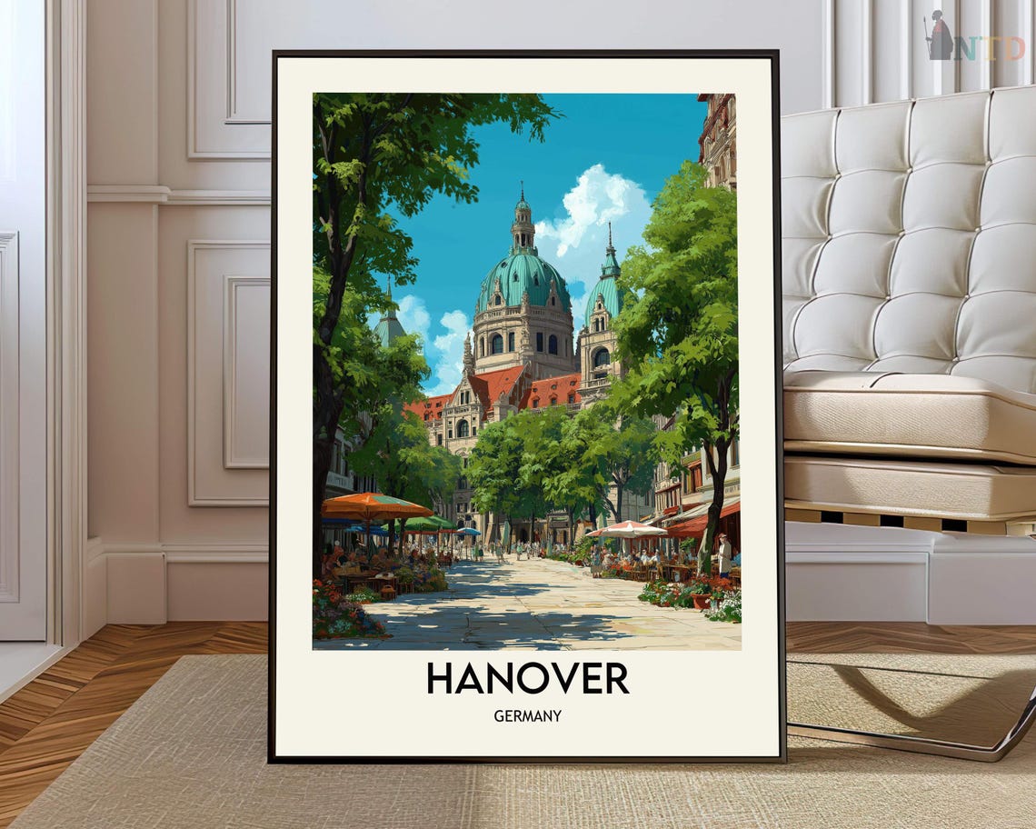 Hanover Germany Domed City Hall Plaza Vintage Travel Art Poster