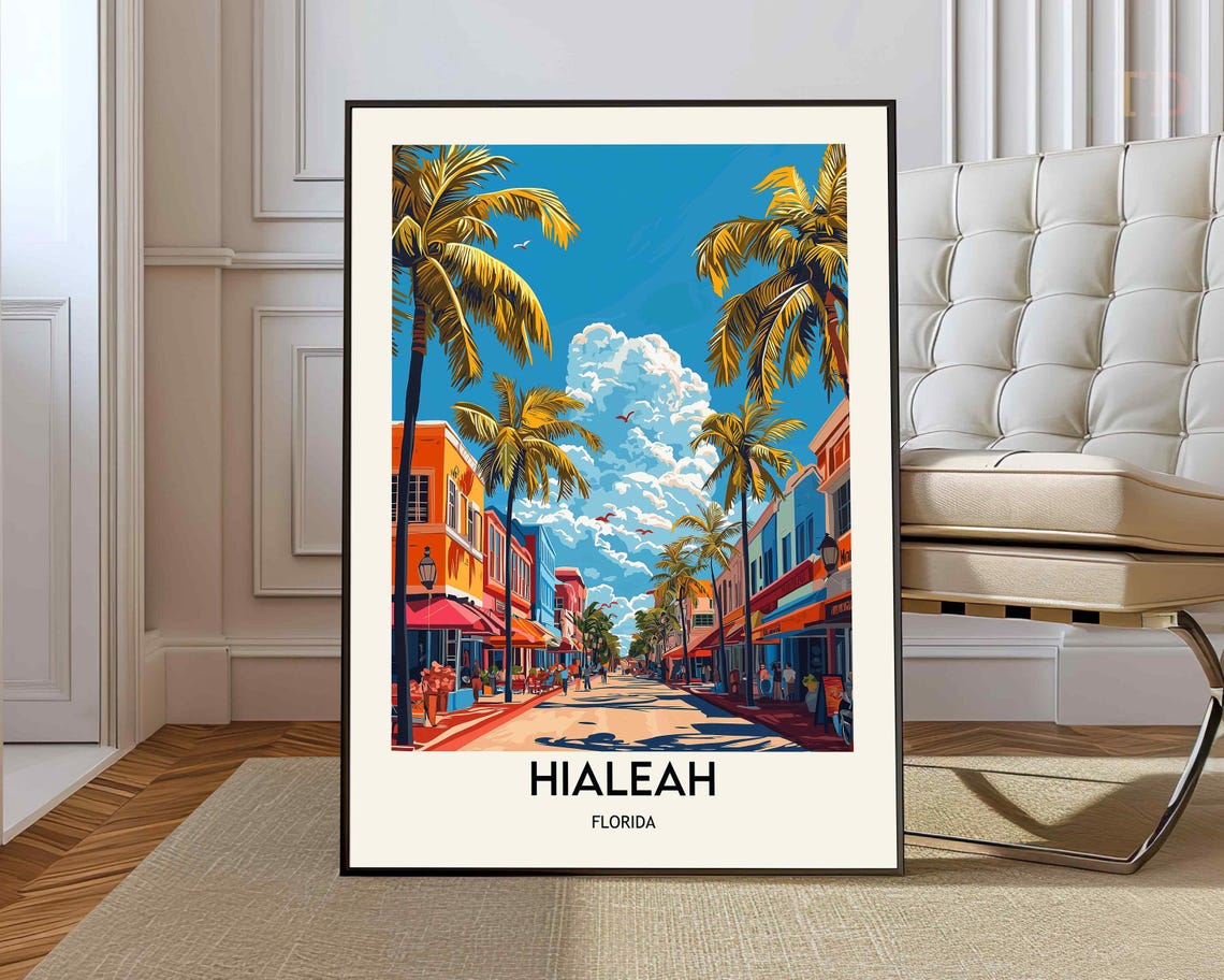 Hialeah Florida Travel Poster Palm Lined Street Colorful Shops