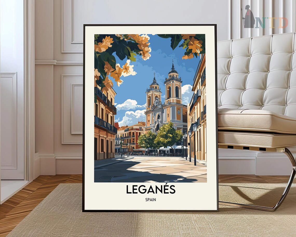 Leganes Spain Twin Tower Church Street Vintage Travel Poster