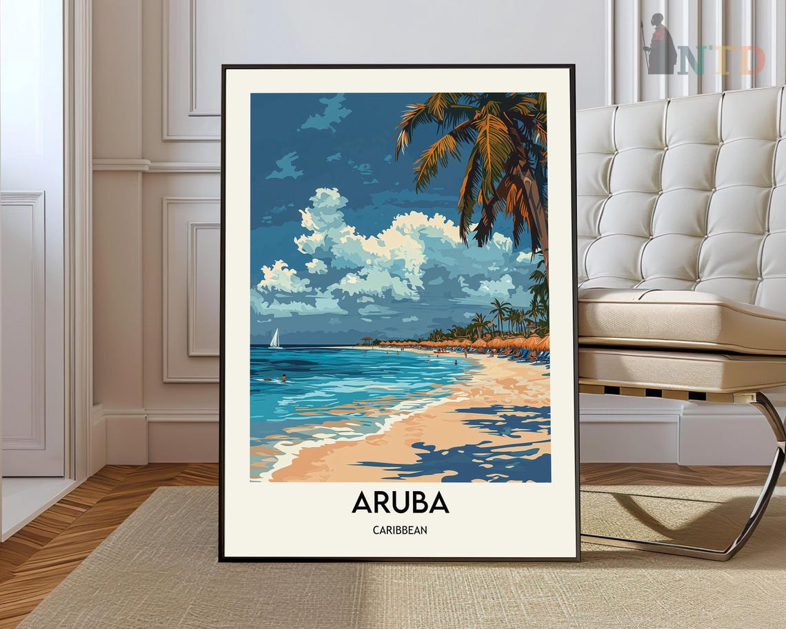 Aruba Palm-Lined Beach with Sailboats on the Caribbean Sea Poster