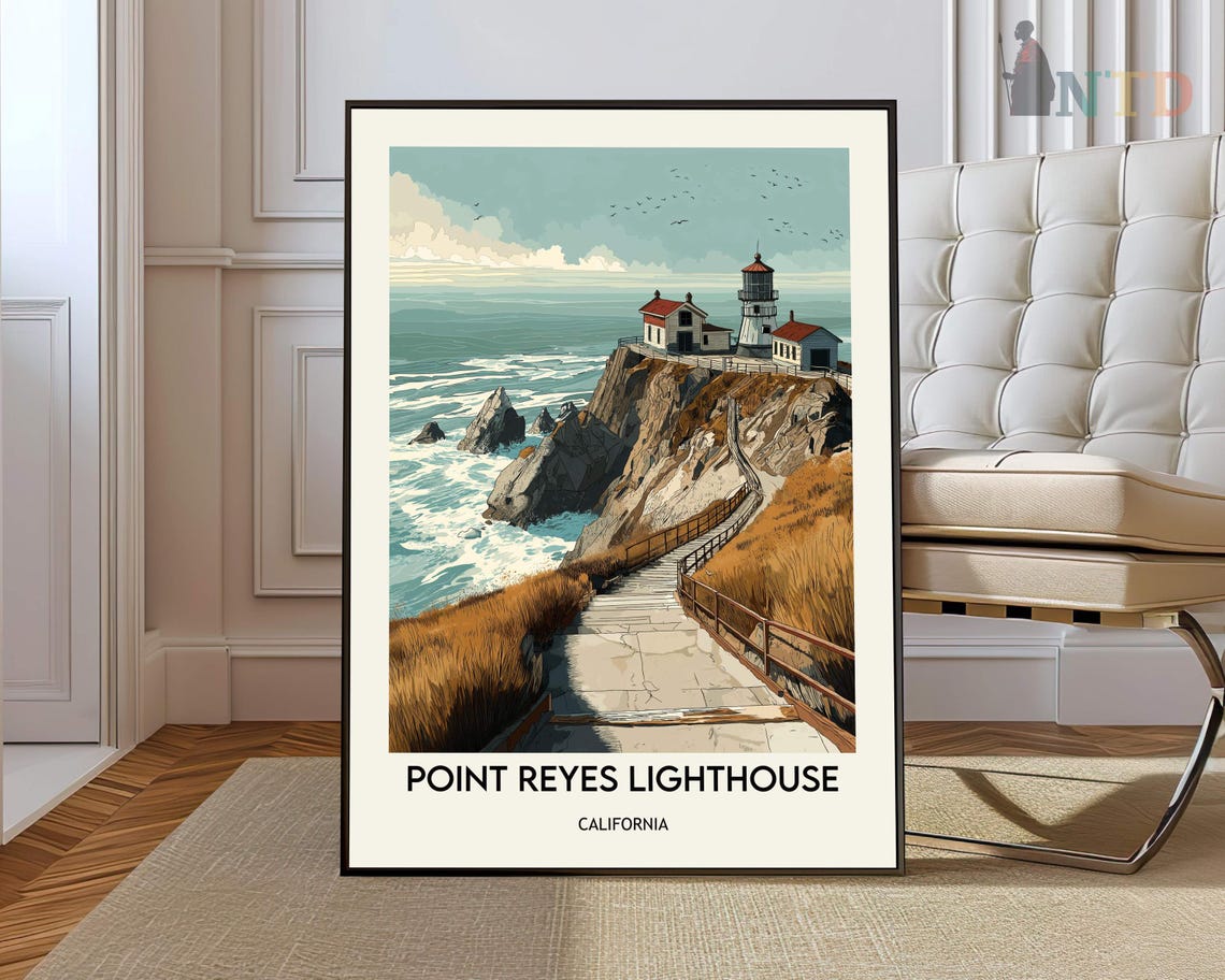 Point Reyes Lighthouse Cliff Path California Travel Art Poster