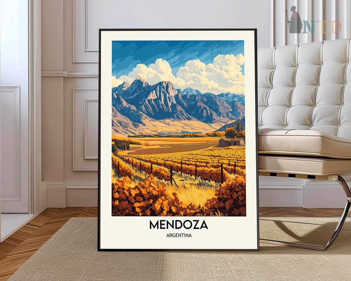 Mendoza Argentina Vineyards Golden Rows Andes Mountains Travel Poster
