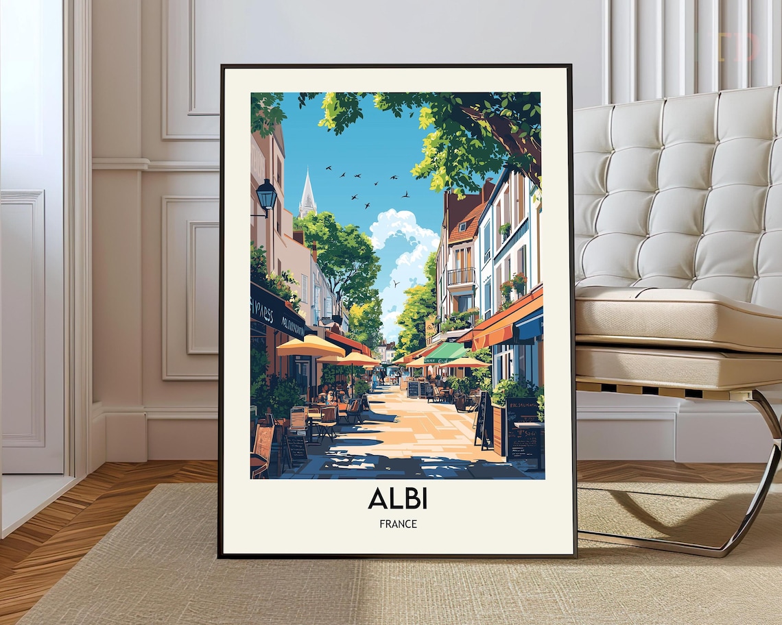 Albi France Sunlit Café Street With a Distant Church Spire Poster