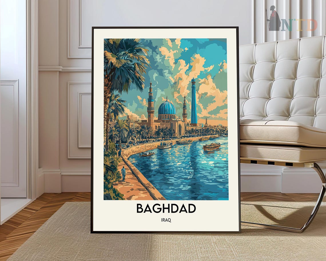 Baghdad Iraq Tigris River Mosque Skyline Vintage Travel Poster