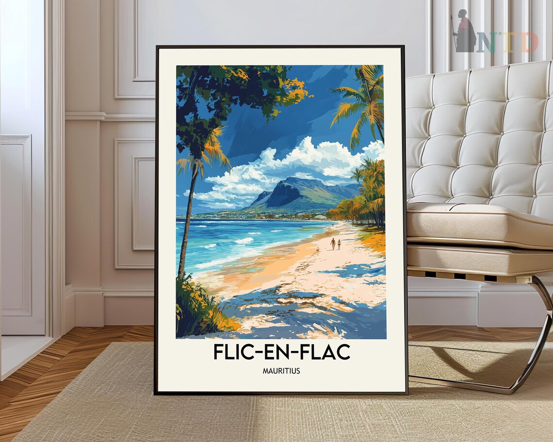 Flic-En-Flac Mauritius Beach Vintage Tropical Travel Art Poster