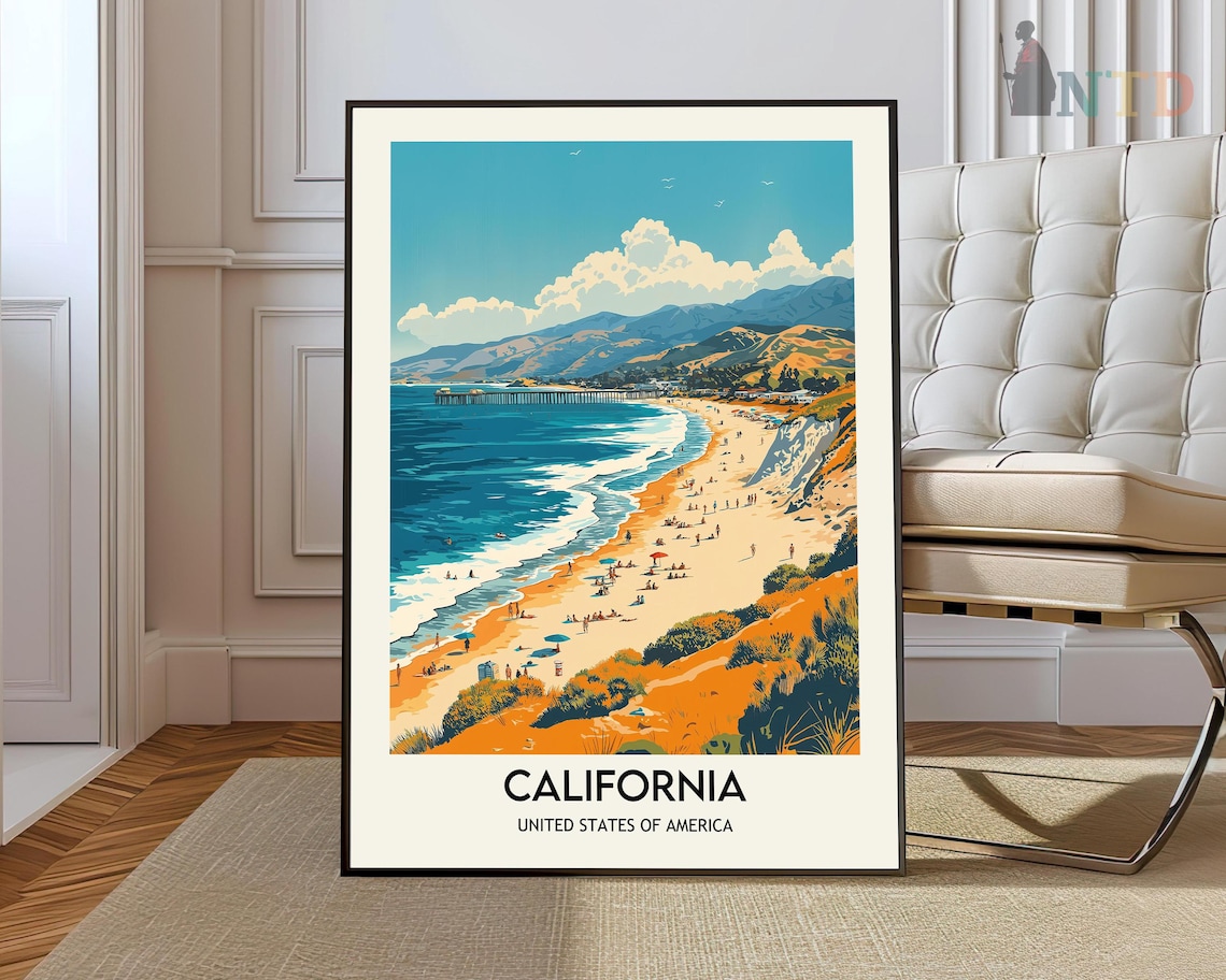 California USA Beach Pier Cliff Wildflowers Coastal Travel Poster