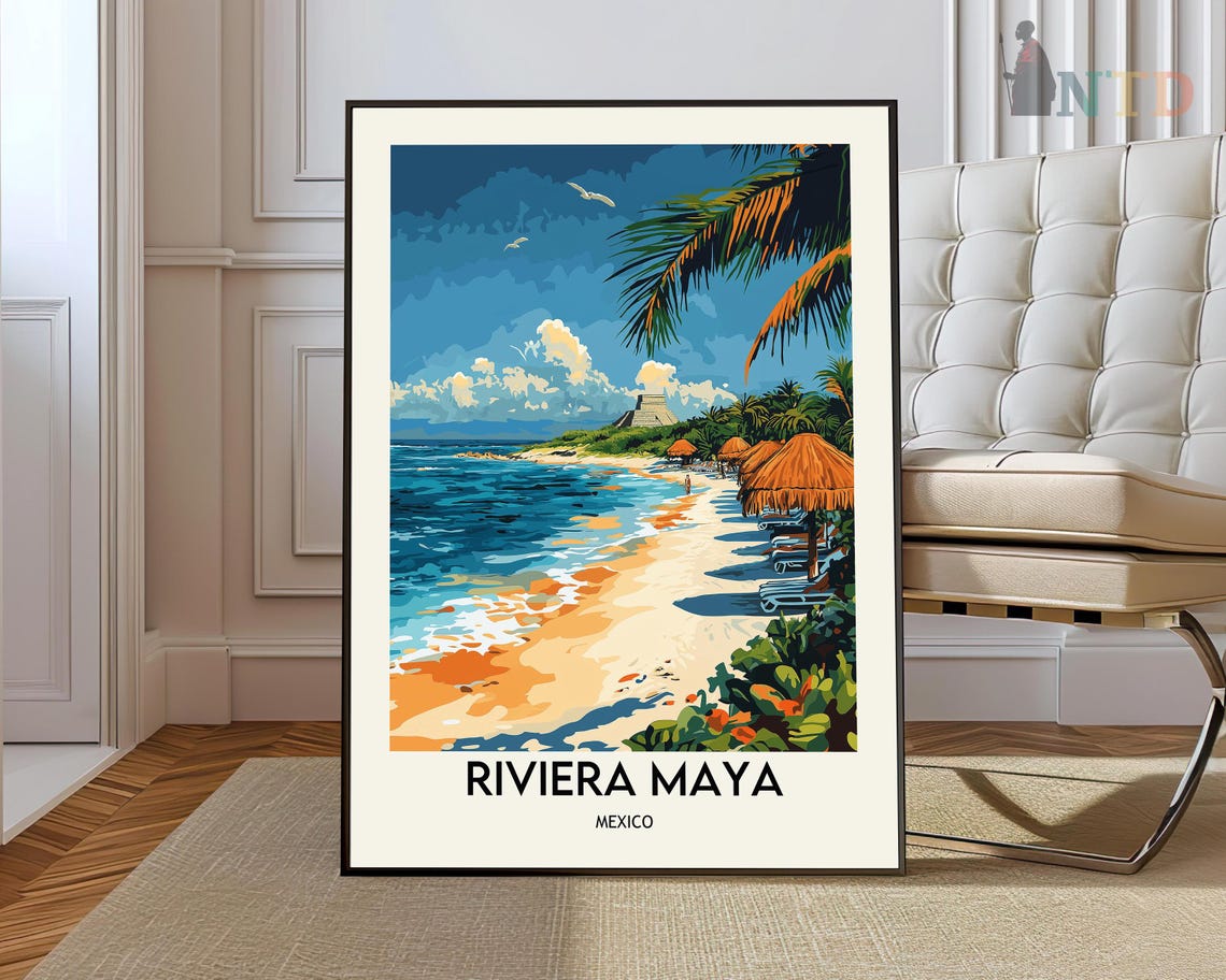 Golden Riviera Maya Mexico Beach Sunset Vintage Travel Art Poster