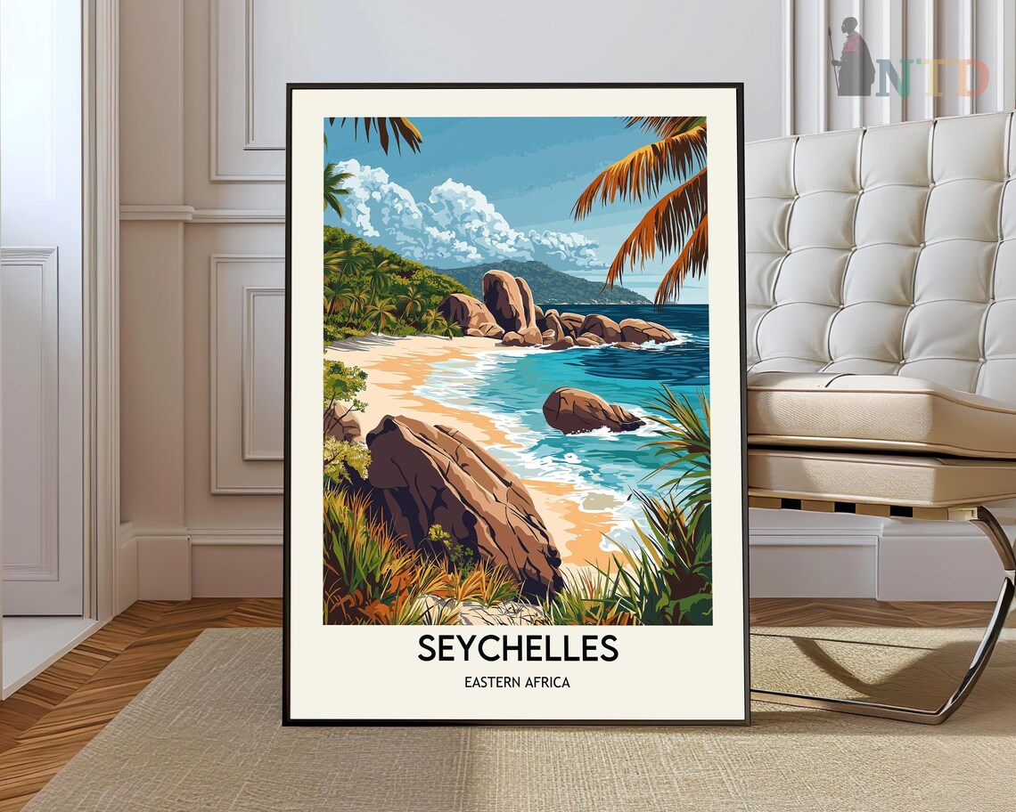 Seychelles Eastern Africa Rocky Cove Beach Vintage Travel Poster