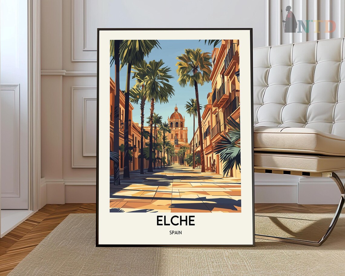 Elche Spain Palm Lined Street Domed Church Tower Travel Poster