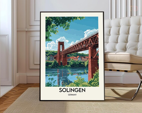 Solingen Germany Red Steel Railway Bridge Retro Travel Poster