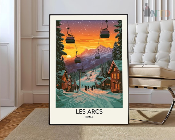 Les Arcs France Sunset Gondolas Snowy Alpine Ski Resort Travel Poster