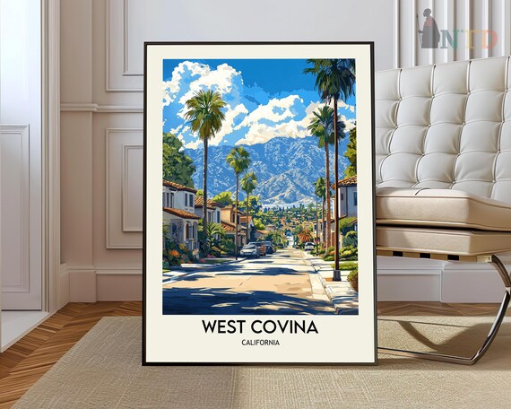 West Covina California Palm Street Vintage Travel Poster Mountains