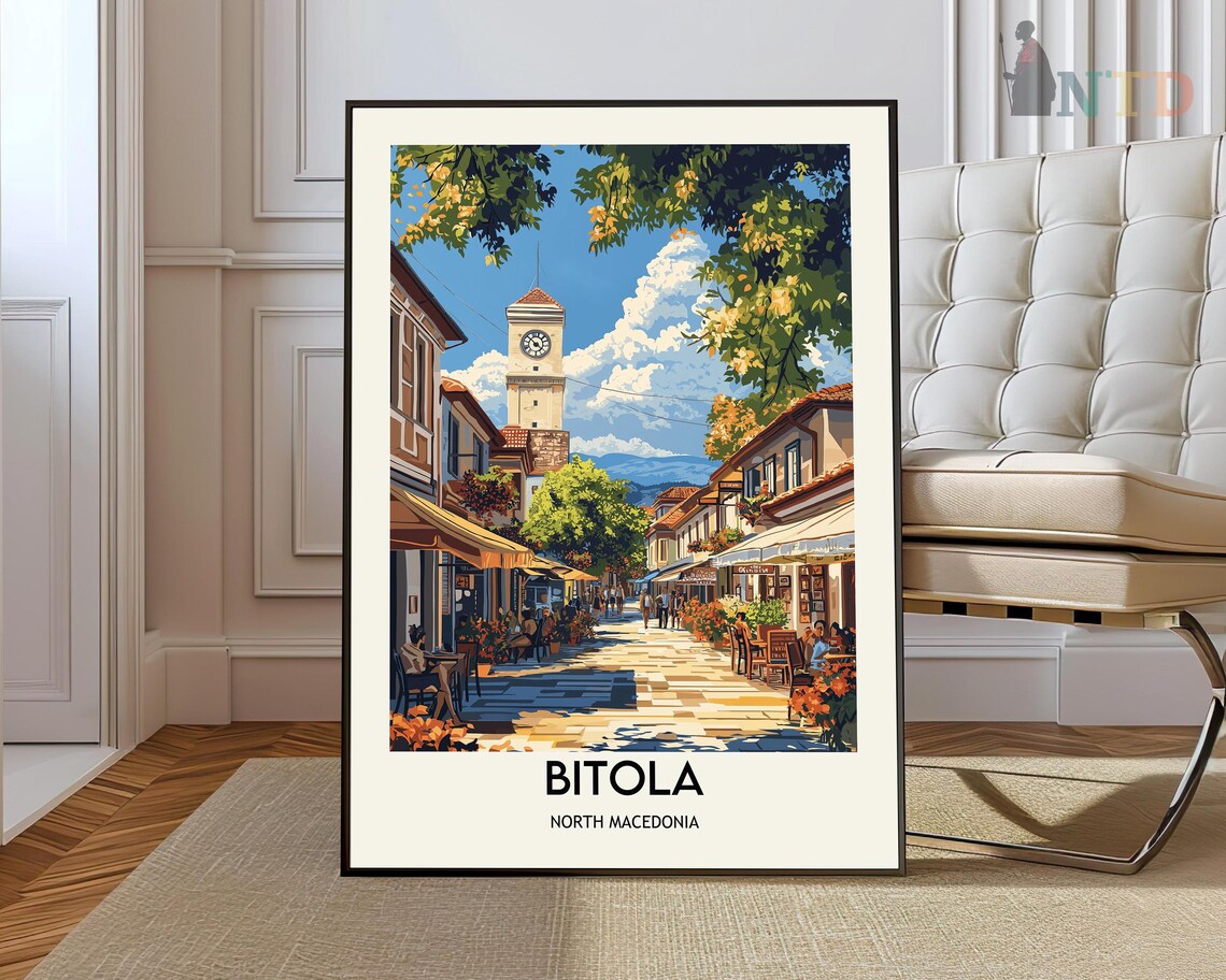 Bitola Old Town Street With Clock Tower Cafes Travel Poster Macedonia