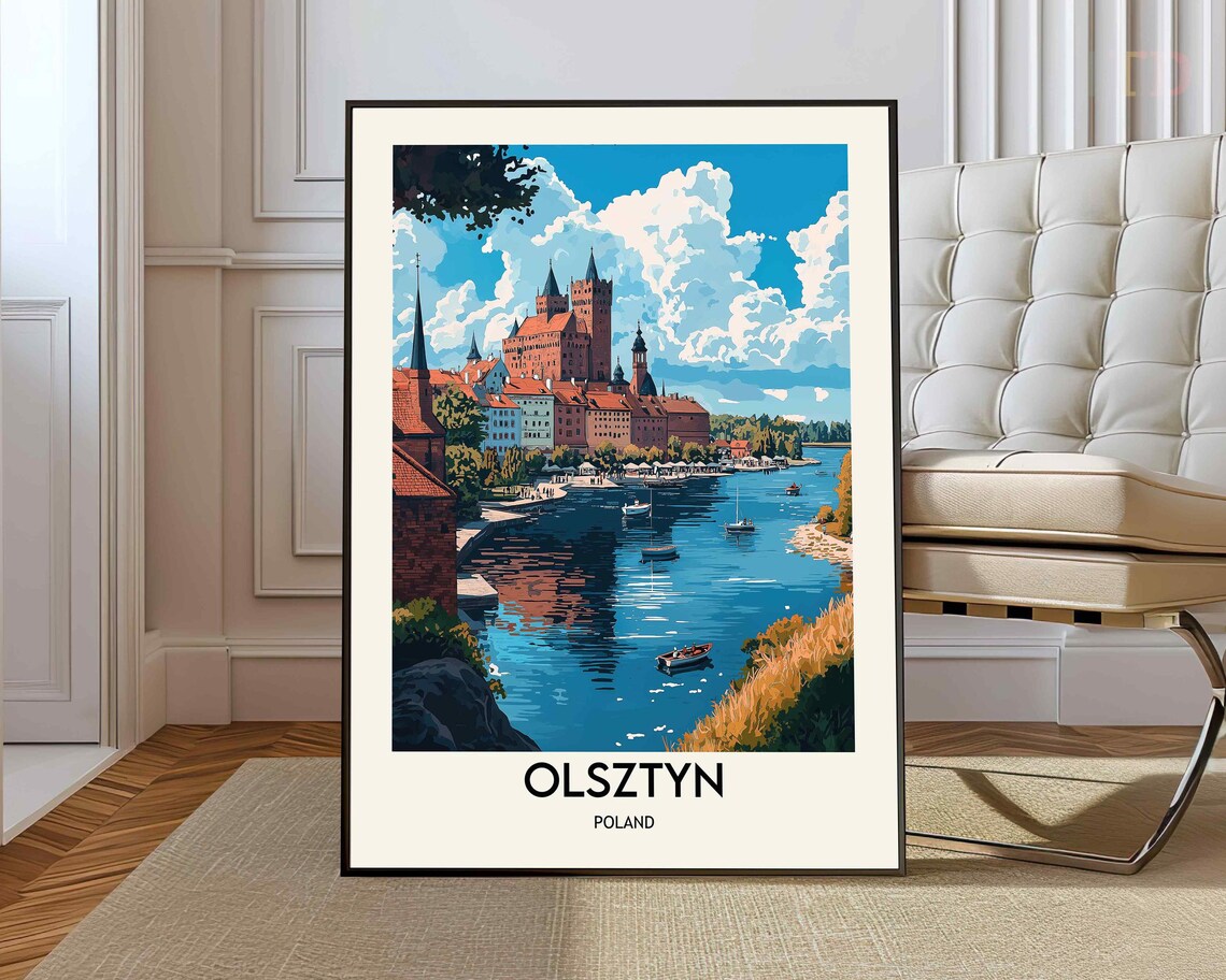 Olsztyn Poland Red Brick Castle Lake Vintage Travel Style Poster