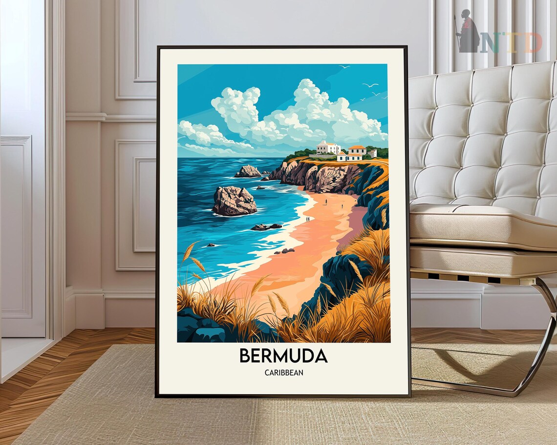 Bermuda Caribbean Rocky Cove Pink Sand Beach Vintage Travel Poster