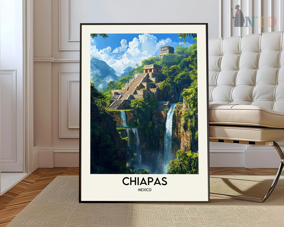 Chiapas Mexico Mayan Pyramid Waterfall Jungle Ancient Ruins Poster