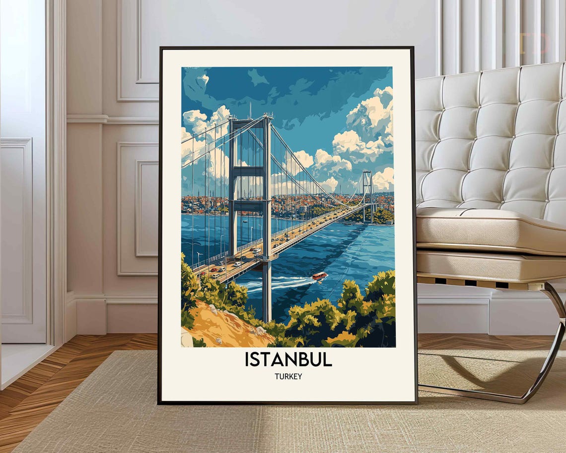 Istanbul Bosphorus Bridge Sunset Travel Poster with a Passing Boat