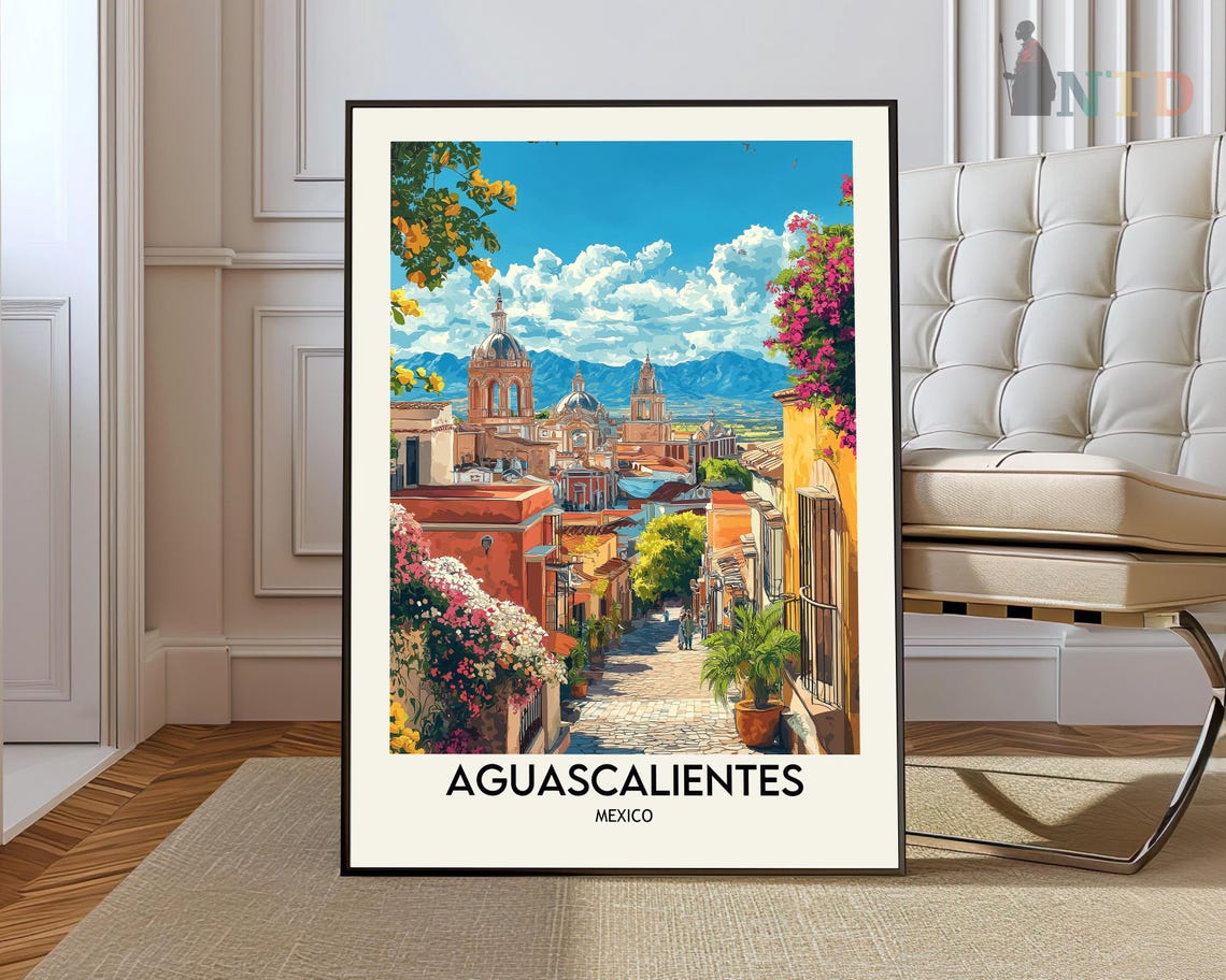 Aguascalientes Mexico Colonial Street Cathedral Travel Poster