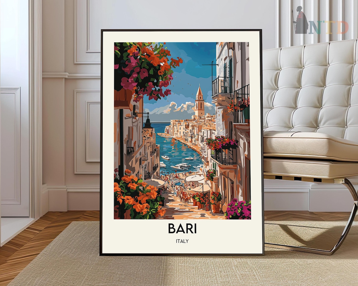 Bari Italy Old Town Harbor Flower Balconies Vintage Travel Poster