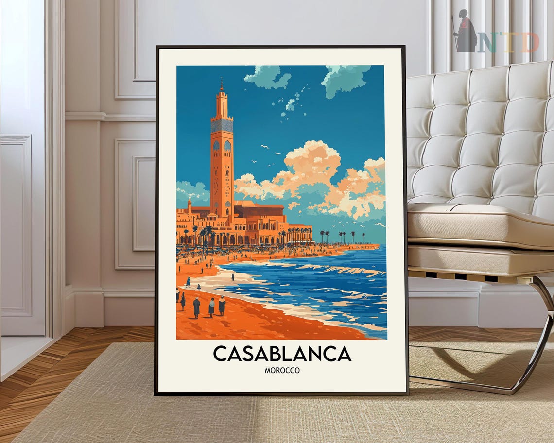 Casablanca Hassan II Mosque Beach Atlantic Coast Travel Poster