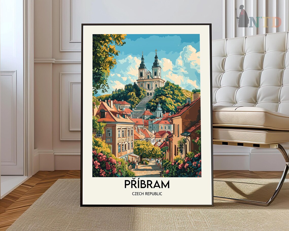 Pribram Czech Republic Hilltop Church Old Town Travel Poster