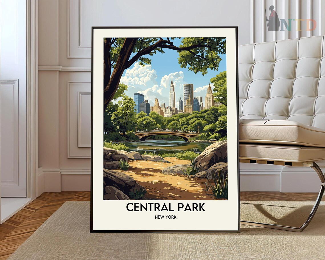 Central Park Skyline Bridge Shaded Meadow Vintage Travel Poster