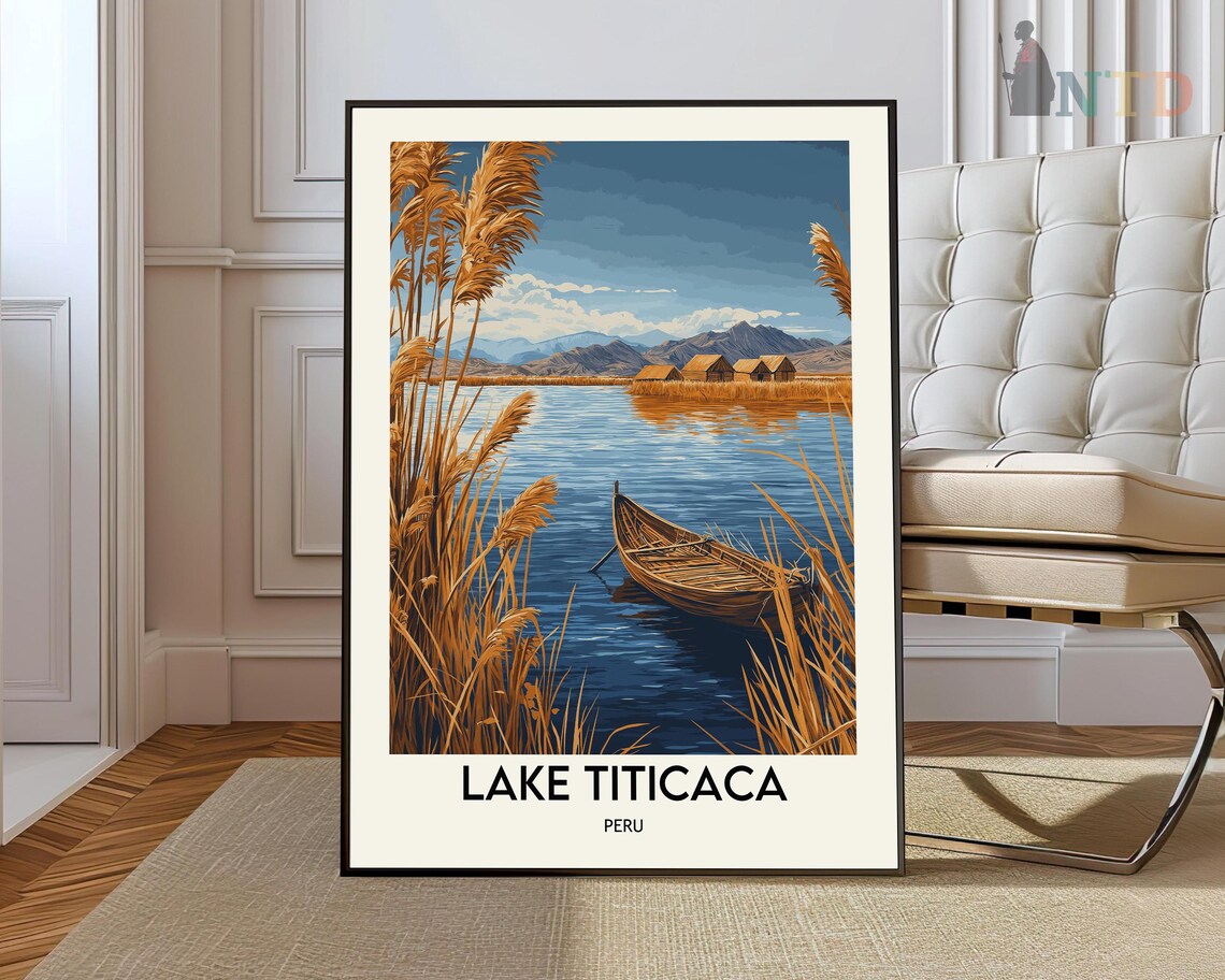 Lake Titicaca Golden Reeds Traditional Boat Peru Andes Travel Poster