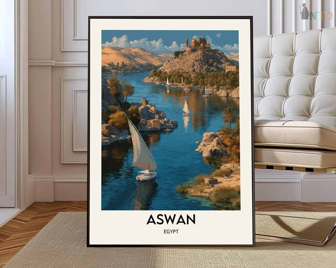 Aswan Travel Poster, Egypt City Map Art Print