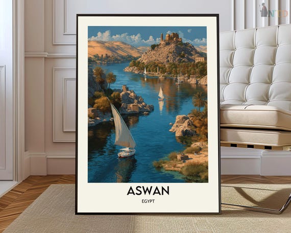 Aswan Travel Poster, Egypt City Map Art Print