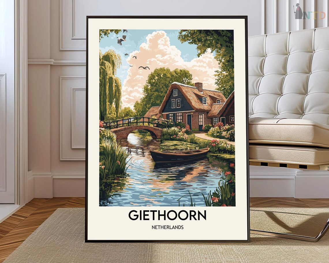 Giethoorn Netherlands Rowboat Under Canal Bridge Travel Poster