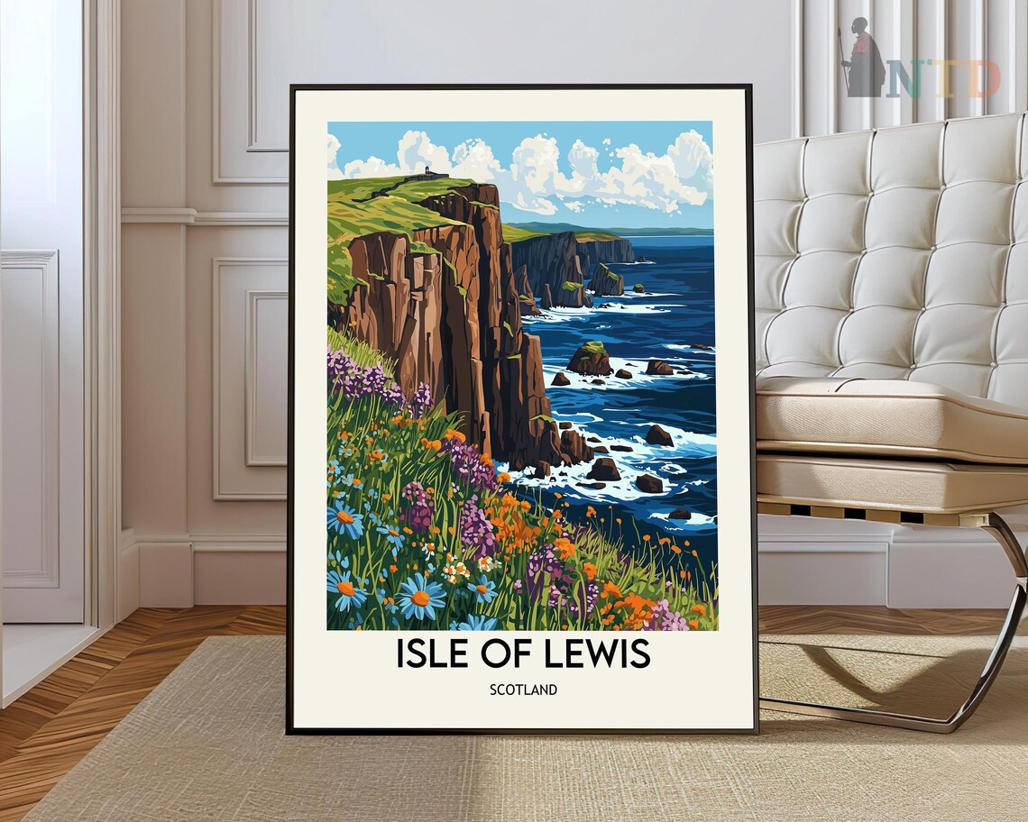 Isle of Lewis Scotland Travel Poster with Dramatic Clifftop Coastline
