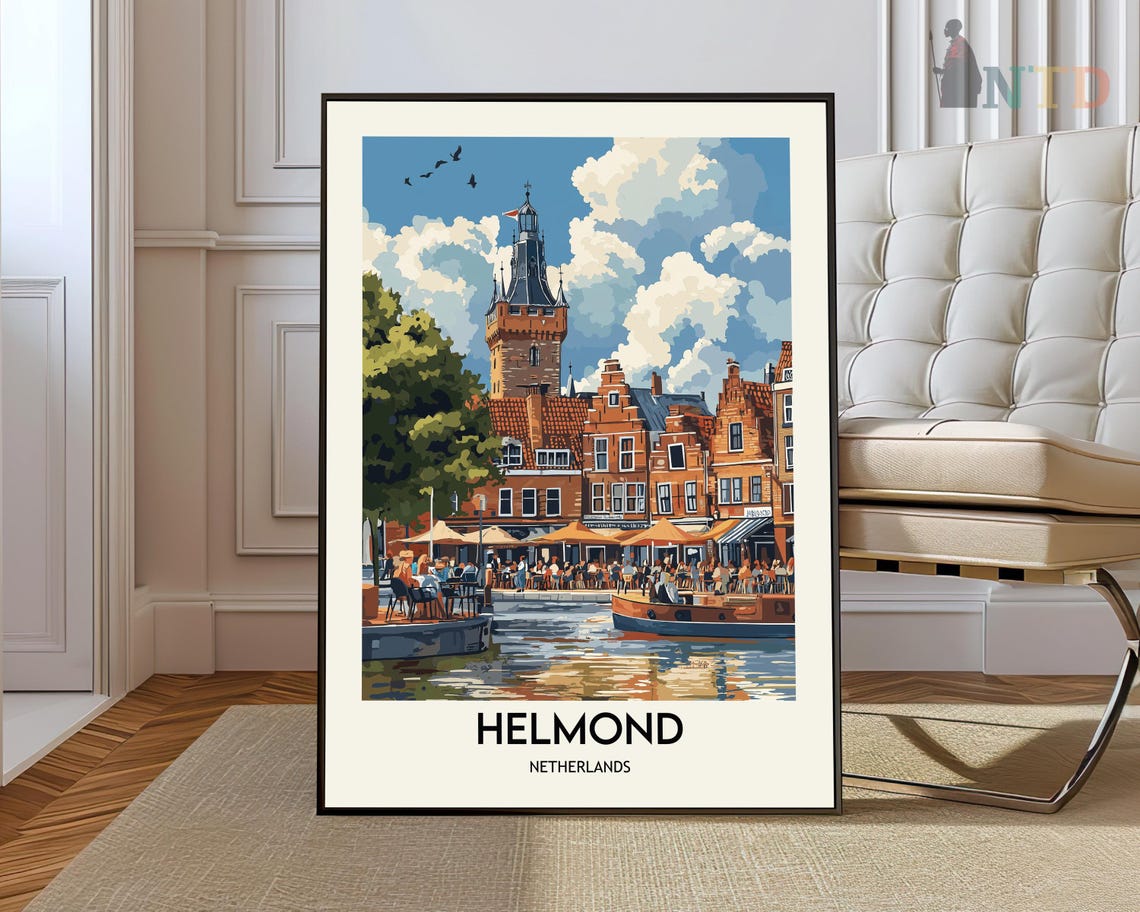 Helmond Netherlands Historic Church Tower Riverfront Scene Poster