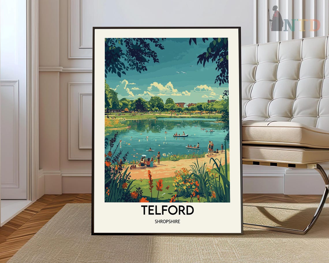 Telford Shropshire Sunny Lakeside Park Day Retro Travel Poster
