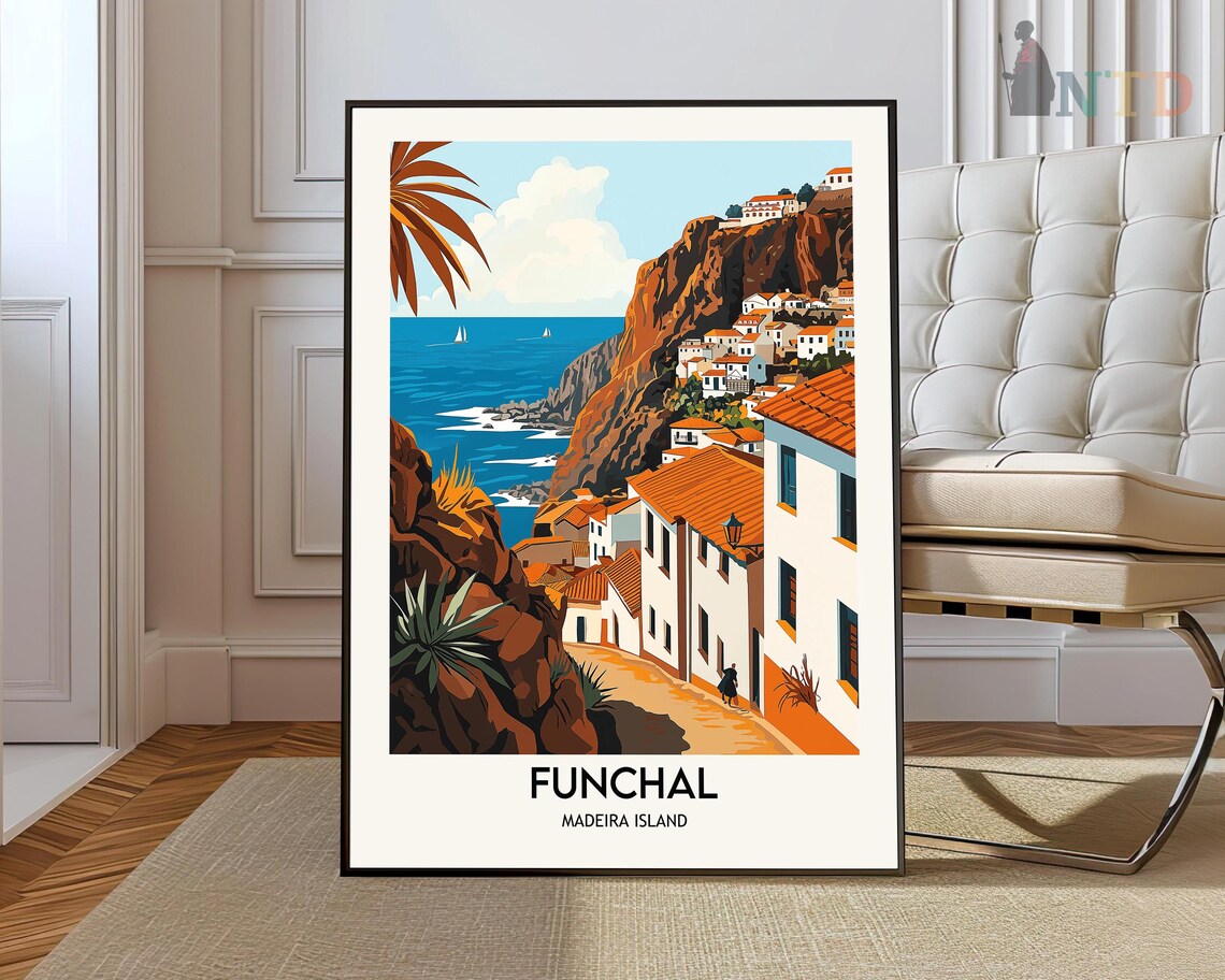 Funchal Cliffside Town with White Houses Overlooking the Ocean Poster