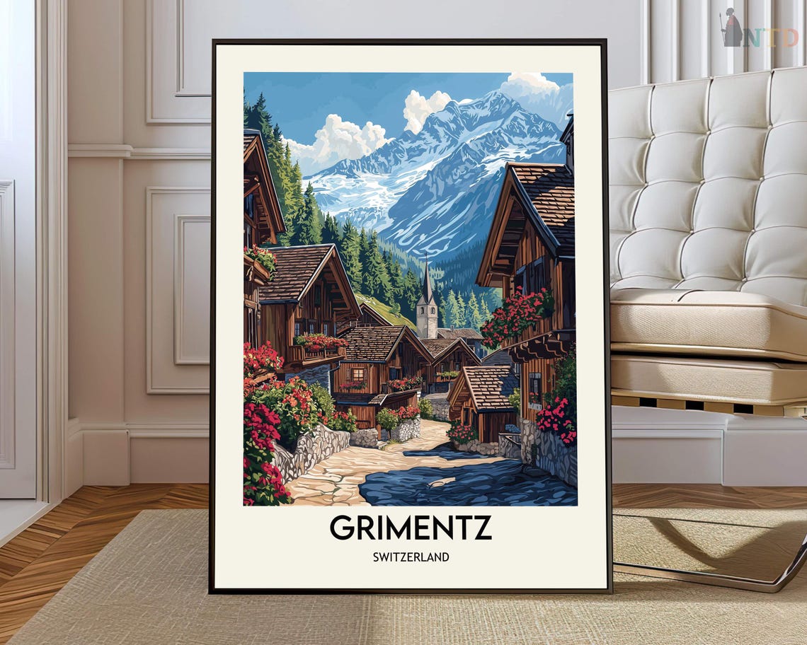 Grimentz Switzerland Alpine Village Mountain Retro Travel Art Poster