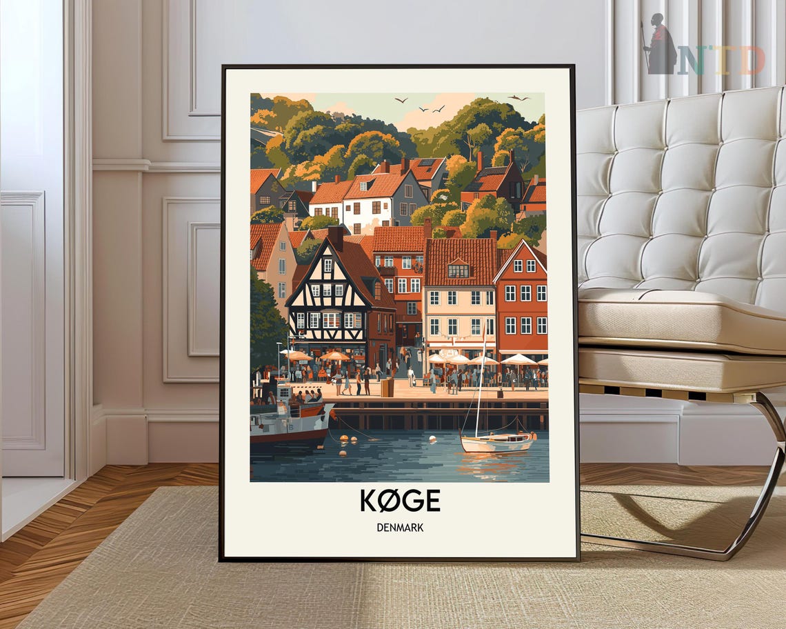 Koge Denmark Harbor Travel Poster with Colorful Historic Waterfront