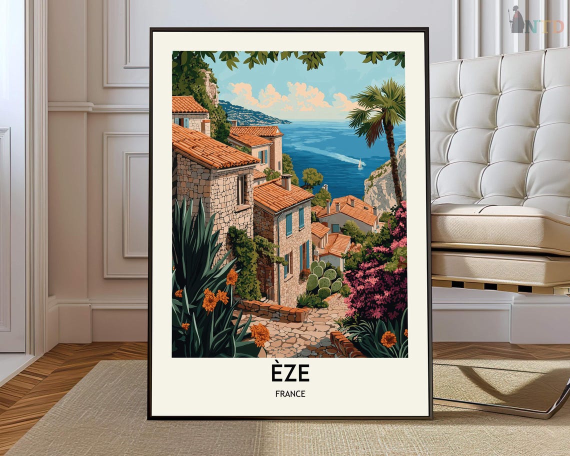 Eze France Stone Village Mediterranean Sea View Travel Poster