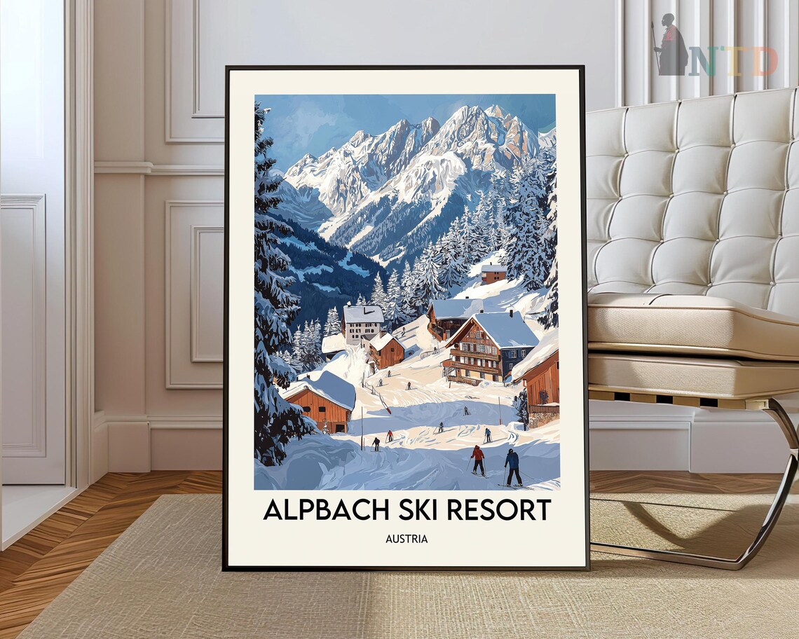 Sunlit Snowy Chalets Alpbach Ski Resort Austria Travel Poster