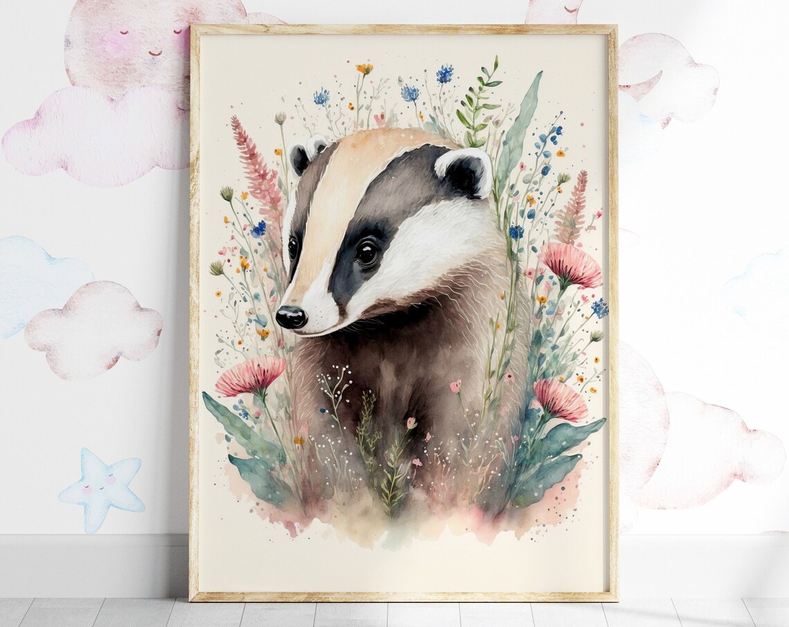 Watercolor Badger Among Wildflowers Nursery Woodland Art Print