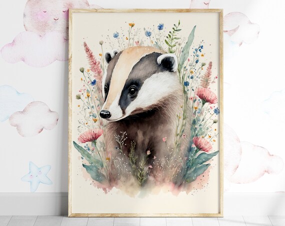 Cute Badger Print Physical Art Print Free Worldwide Shipping Generative Ai Art Boho Gift For A New Mum Kids Art Print Watercolour