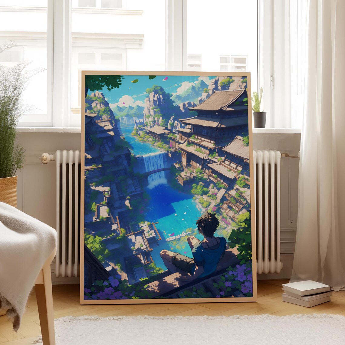 Anime Boy Overlooking Fantasy Cliff Village Waterfall Poster